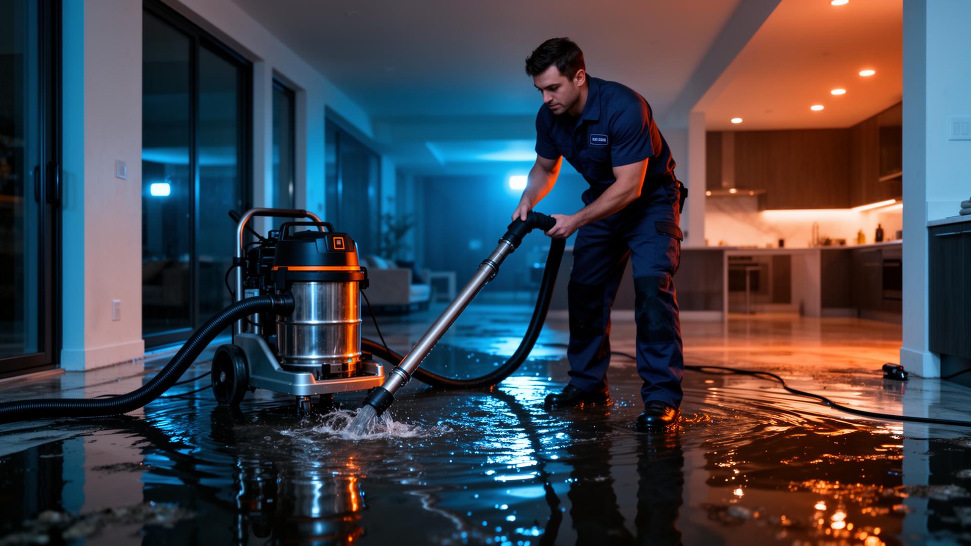 Professional water damage restoration crew in Inglewood, CA using industrial extraction equipment